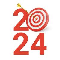 ny år realistisk mål och mål med symbol av 2024 från röd mål och pilar. mål begrepp för ny år 2024. vektor illustration