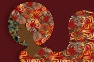 Porträt afrikanisch amerikanisch Frau im ethnisch Turban und angezogen, dunkel Haut weiblich Gesicht mit afro lockig Haar Konzept, Schönheit Logo Design, Frisur Salon, Vektor isoliert oder dunkel rot Hintergrund