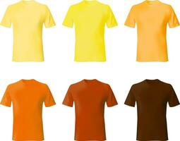 Hemd Design Vorlage. einstellen Männer t Hemd Gelb, orange, braun Farbe. realistisch Attrappe, Lehrmodell, Simulation Hemden Modell- männlich Mode. vektor