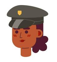 afrikansk amerikan polis officer kvinna 2d vektor avatar illustration. leende svart poliskvinna tecknad serie karaktär ansikte porträtt. polis kvinna platt Färg användare profil bild isolerat på vit bakgrund