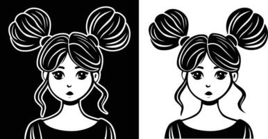 Mädchen mit zwei Haar Gebäck Vektor Illustration, süß Mädchen mit Raum Gebäck, zwei Haar Gebäck auf oben von Kopf schwarz und Weiß Lager Vektor Bild