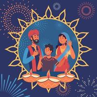 indische familiencharaktere grüßen, um das diwali-fest zu feiern vektor