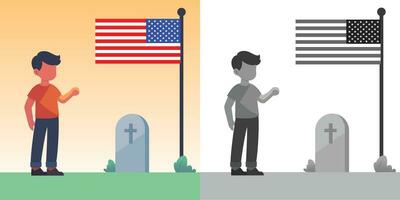 son stående stolt bredvid ett amerikan flagga platt stil vektor illustration, kille stående Nästa till ett amerikan flagga och gravsten, gravsten, eller gravsten stock vektor bild