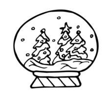 Gekritzel Schnee Ball mit Kiefern und Weihnachten Dekoration. einfach Linie Zeichnung von Schnee Globus.trendy Gekritzel Vektor Illustration. vorgefertigt Logo oder Symbol. isoliert auf Weiß Hintergrund.