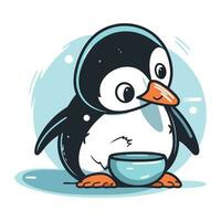 süß Pinguin mit ein Schüssel von Suppe. Vektor Illustration.