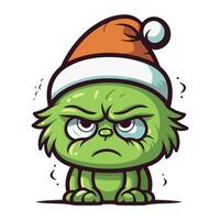 arg tecknad serie grön monster i jul hatt. vektor illustration.