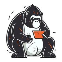 Gorilla Sitzung mit ein Tasse von Kaffee. Vektor Illustration.