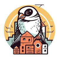 Vektor Illustration von ein süß Vogel mit ein Haus im das Hintergrund.