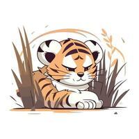 süß Tiger Sitzung auf das Gras. Vektor Illustration von wild Tier.