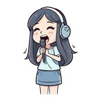 illustration av en söt flicka sång karaoke med hörlurar och mikrofon vektor