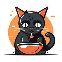 süß schwarz Katze Sitzung mit Schüssel von Lebensmittel. Vektor Illustration.