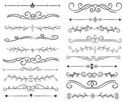 Seite Teiler und Design Elemente. einstellen von verschiedene einfach schwarz Teiler Design, sortiert Teiler Sammlung Vorlage Vektor. Sammlung von Blumen- Teiler Elemente Mega Dekoration zum Kalligraphie. vektor