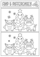 Weihnachten schwarz und Weiß finden Unterschiede Spiel zum Kinder. Beachtung Kompetenzen Aktivität mit süß Eule, dekoriert Baum, Reh. Neu Jahr Linie Puzzle oder Färbung Seite zum Kinder. Was ist anders Arbeitsblatt vektor