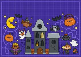 Vektor Halloween Hintergrund mit süß verfolgt Haus, Schläger, Hexe, Vampir. komisch Herbst Urlaub Karte, Aktivität Buch Startseite mit unheimlich Geist, Kürbis. Karikatur Trick oder behandeln horizontal Illustration