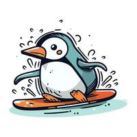 süß Pinguin Surfen auf ein Surfbrett. Vektor Illustration.
