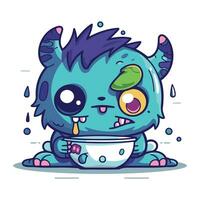 süß Karikatur Monster- mit ein Schüssel von Suppe. Vektor Illustration.