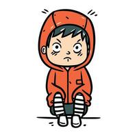 Karikatur traurig Junge im Regenjacke. Vektor Illustration auf Weiß Hintergrund.