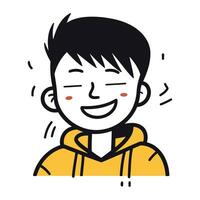 illustration av en Lycklig pojke bär en gul luvtröja och leende vektor