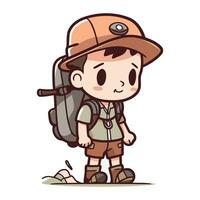 Junge erkunden mit Rucksack. Vektor Illustration. süß Karikatur Charakter.