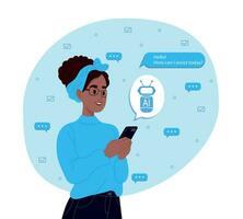 äldre kvinna användningar de teknologi av en smart ai robot. chatt begrepp, artificiell intelligens. dialog mellan de ai assistent och de användare i de budbärare. vektor