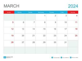 März 2024 Vorlage-Kalender 2024 Design , Schreibtisch Kalender 2024 Vorlage, Planer einfach, Woche beginnt Sonntag, Schreibwaren, Mauer Kalender, Drucken, Werbung, Vektor Illustration