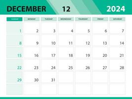 december 2024 mall, kalender 2024 mall vektor, planerare en gång i månaden design, skrivbord kalender 2024, vägg kalender design, minimal stil, annons, affisch, utskrift media, grön bakgrund begrepp vektor