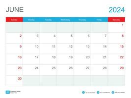 juni 2024 mall-kalender 2024 design , skrivbord kalender 2024 mall, planerare enkel, vecka börjar söndag, brevpapper, vägg kalender, utskrift, annons, vektor illustration