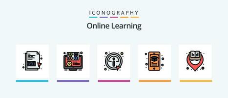 online Lernen Linie gefüllt 5 Symbol Pack einschließlich Bildung. e. Information. Buch. Artikel. kreativ Symbole Design vektor