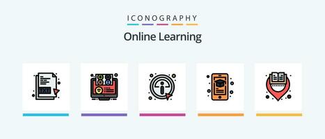 uppkopplad inlärning linje fylld 5 ikon packa Inklusive utbildning. e. information. bok. Artikel. kreativ ikoner design vektor