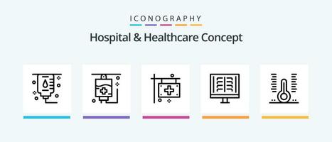 sjukhus och sjukvård begrepp linje 5 ikon packa Inklusive . sjukhus. finansiera. sjukvård. friska. kreativ ikoner design vektor
