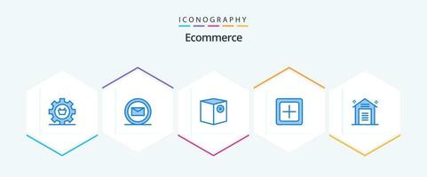 e-handel 25 blå ikon packa Inklusive plus. öka. låda. skapa. frakt vektor