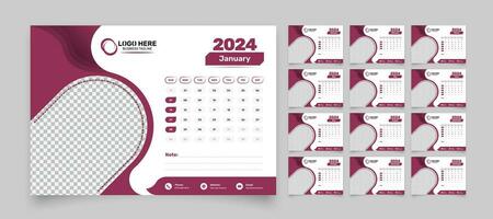 minimalistisk skrivbord kalender mall för 2024 med 12 månader datum formatera och bild Platshållare vektor
