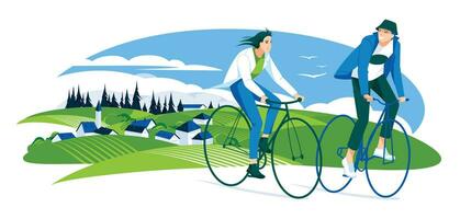 begrepp av grön energi och säker miljö, cyklister, man och kvinna på grön by bakgrund. vektor platt illustration