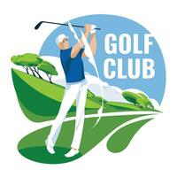 ein Golfspieler im ein Sport Uniform ist üben auf ein Grün Gras Feld. Werbung von Streichhölzer, Wettbewerbe, Sport Vereine. Vektor eben Illustration