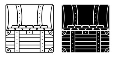 fyrkant ikon öppen skatt bröst inuti. guld göt i en pirat bröst. svart och vit vektor vektor