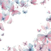 Schmetterlinge sind Rosa, Blau, lila, fliegend, zart mit Flügel und spritzt von malen. Hand gezeichnet Aquarell Illustration. Platz rahmen, Vorlage auf ein Weiß Hintergrund, zum Design vektor