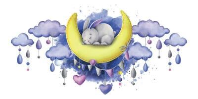 en söt grå sys kanin lögner och sover på en gul måne med de krans flaggor, hjärtan hängande på tågvirke med pilbågar. vattenfärg illustration, hand ritade. isolerat sammansättning på en vit bakgrund. vektor