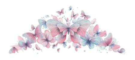 fjärilar är rosa, blå, lila, flygande, delikat med vingar och stänk av måla. hand dragen vattenfärg illustration. isolerat sammansättning på en vit bakgrund, för design vektor