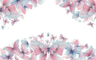 fjärilar är rosa, blå, lila, flygande, delikat med vingar och stänk av måla. hand dragen vattenfärg illustration. ram, baner, mall på en vit bakgrund, för design. vektor
