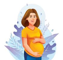 Lycklig gravid kvinna kramas henne mage med naturlig löv bakgrund. graviditet begrepp vektor tecknad serie illustration
