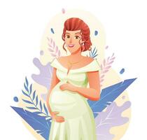 schwanger Frau umarmen ihr Bauch auf natürlich Hintergrund mit Blätter. Schwangerschaft Konzept Vektor Karikatur Illustration