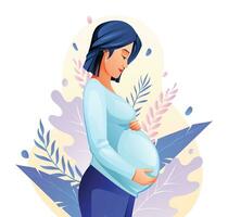 gravid kvinna kramas henne mage på naturlig bakgrund med löv. vektor tecknad serie illustration