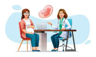 gravid kvinna rådfråga graviditet med läkare. samråd och kolla upp upp under graviditet begrepp. vektor tecknad serie karaktär illustration