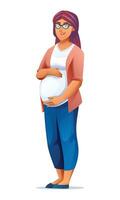 glücklich schwanger Frau halten ihr Bauch. Vektor Karikatur Illustration