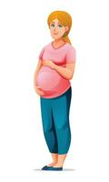 schwanger Frau umarmen ihr Bauch. Vektor Karikatur Illustration isoliert auf Weiß Hintergrund