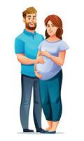 Lycklig gravid fru kramas henne mage med henne Make, väntar för en bebis. vektor tecknad serie karaktär illustration