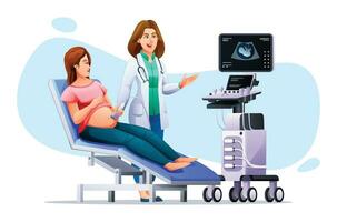 gravid kvinna ha ultraljud i klinik. samråd och regelbunden kolla upp upp graviditet med läkare. vektor tecknad serie karaktär illustration