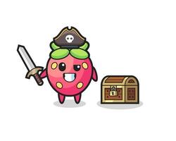 jordgubbs pirat karaktär som håller svärd bredvid en skattlåda vektor