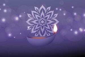 lila diwali bakgrund med vit mandala och diya lampa vektor