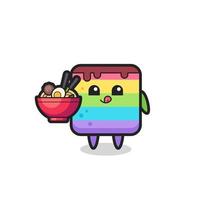 süße Regenbogenkuchenfigur, die Nudeln isst vektor